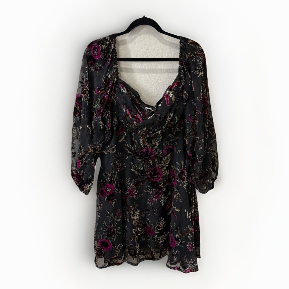 Showpo Burnout Velvet Black Floral Sheer Whimsigoth Boho Peasant Mini Dress 16